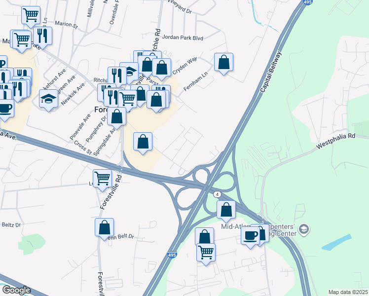 map of restaurants, bars, coffee shops, grocery stores, and more near 3502 North Forest Edge Road in District Heights