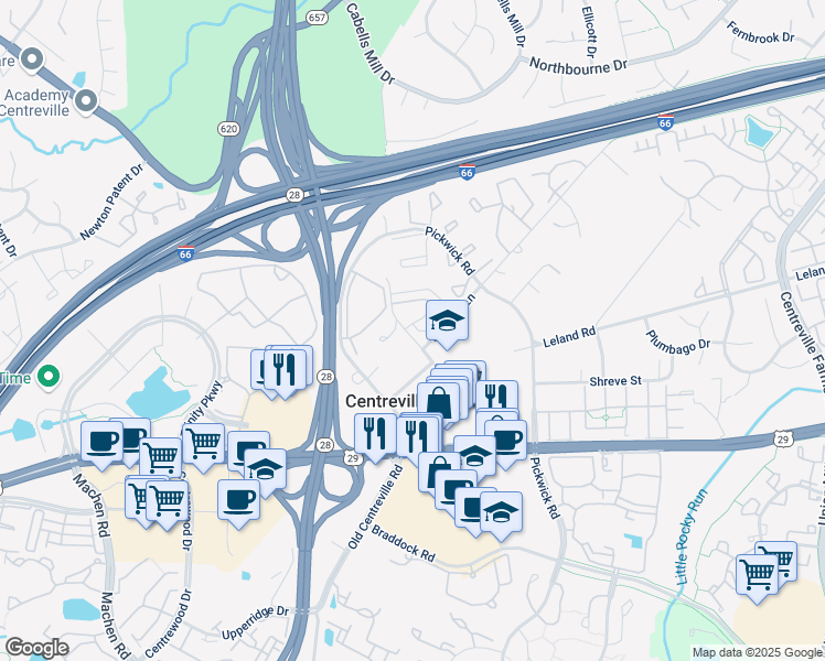 map of restaurants, bars, coffee shops, grocery stores, and more near 5662 General Johnston Place in Centreville