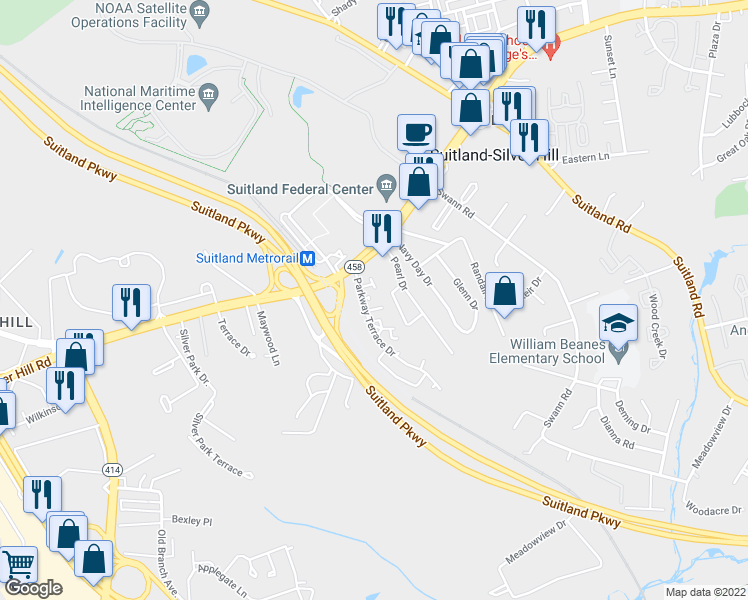 map of restaurants, bars, coffee shops, grocery stores, and more near 3410 Parkway Terrace Drive in Hillcrest Heights