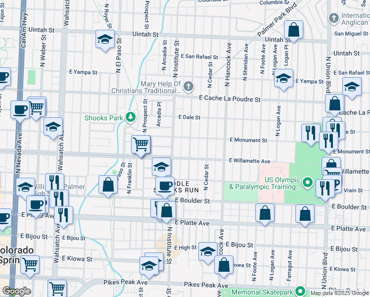 map of restaurants, bars, coffee shops, grocery stores, and more near 618 Custer Avenue in Colorado Springs