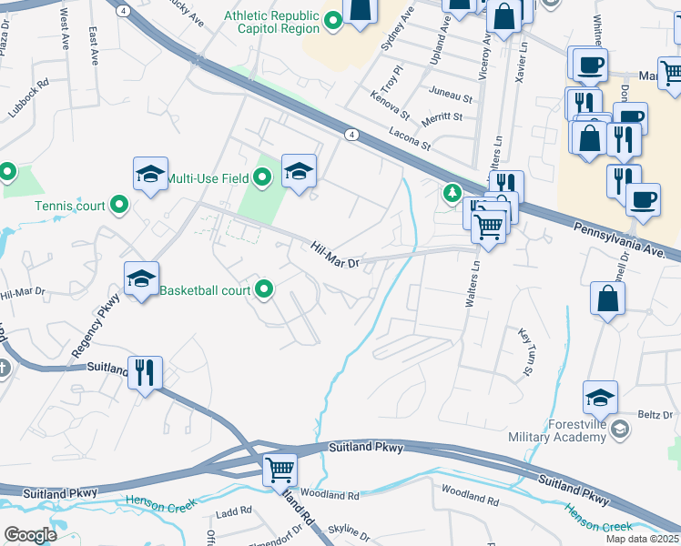 map of restaurants, bars, coffee shops, grocery stores, and more near 6305 Hil-Mar Drive in District Heights