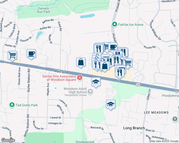 map of restaurants, bars, coffee shops, grocery stores, and more near 3986 Bradwater Street in Fairfax