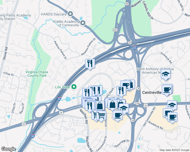 map of restaurants, bars, coffee shops, grocery stores, and more near 5875 Trinity Parkway in Centreville