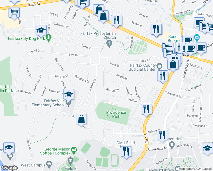 map of restaurants, bars, coffee shops, grocery stores, and more near 4260 Allison Circle in Fairfax