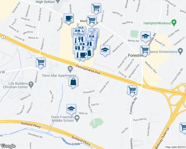map of restaurants, bars, coffee shops, grocery stores, and more near 7108 Donnell Place in Forestville