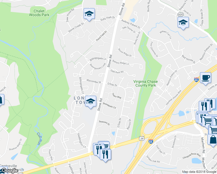 map of restaurants, bars, coffee shops, grocery stores, and more near 14600 Jovet Court in Centreville