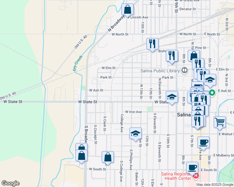 map of restaurants, bars, coffee shops, grocery stores, and more near 133 N College Ave in Salina