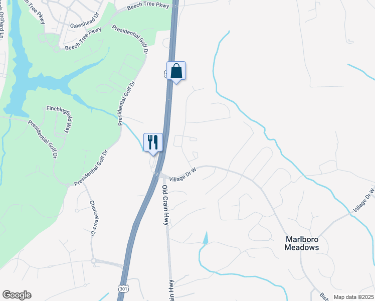 map of restaurants, bars, coffee shops, grocery stores, and more near 16231 Brookmead Court in Upper Marlboro