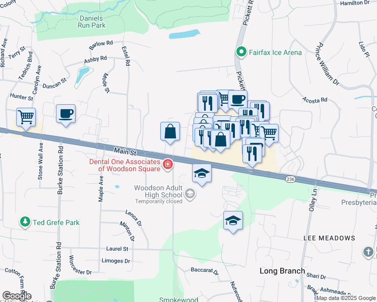 map of restaurants, bars, coffee shops, grocery stores, and more near 3986 Bradwater Street in Fairfax