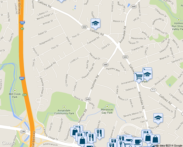 map of restaurants, bars, coffee shops, grocery stores, and more near 3717 Pleasant Ridge Road in Annandale