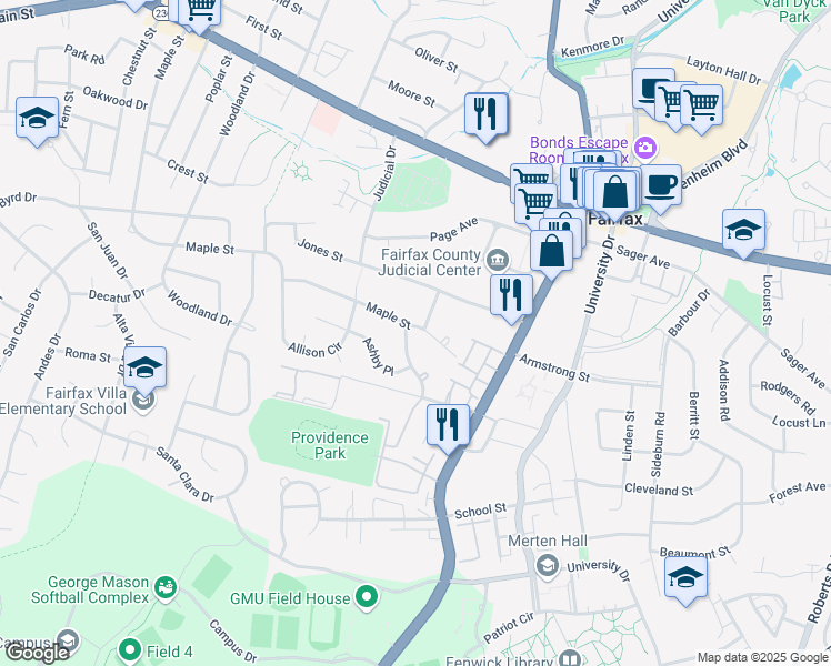 map of restaurants, bars, coffee shops, grocery stores, and more near 10625 Maple St in Fairfax