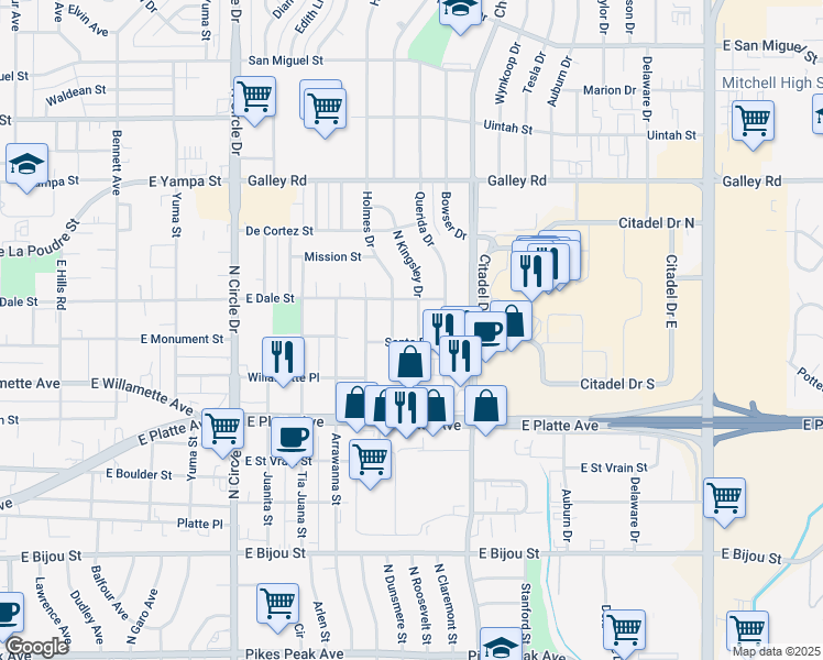 map of restaurants, bars, coffee shops, grocery stores, and more near 706 North Kingsley Drive in Colorado Springs