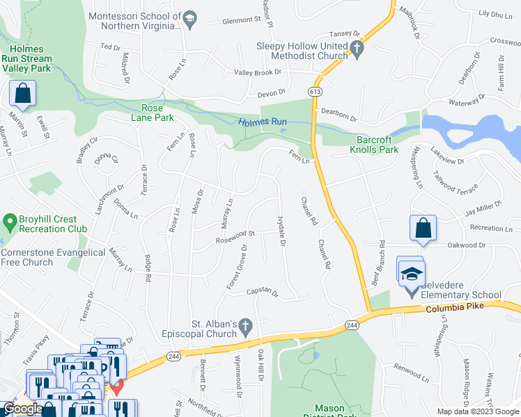 map of restaurants, bars, coffee shops, grocery stores, and more near 3707 Forest Grove Drive in Annandale
