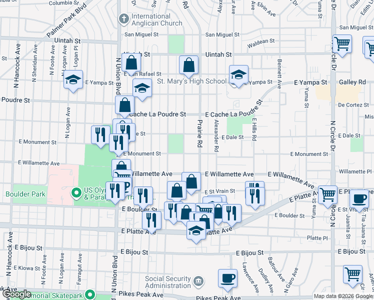 map of restaurants, bars, coffee shops, grocery stores, and more near 2202 East Monument Street in Colorado Springs