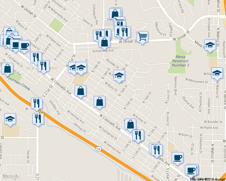 map of restaurants, bars, coffee shops, grocery stores, and more near 1625 West Bijou Street in Colorado Springs