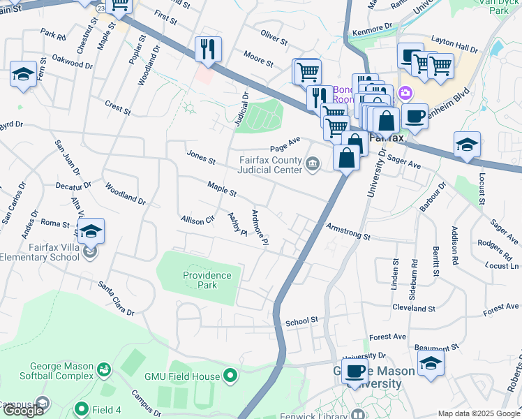 map of restaurants, bars, coffee shops, grocery stores, and more near 10625 Maple St in Fairfax