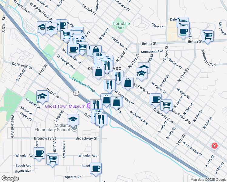 map of restaurants, bars, coffee shops, grocery stores, and more near 2029 West Cucharras Street in Colorado Springs