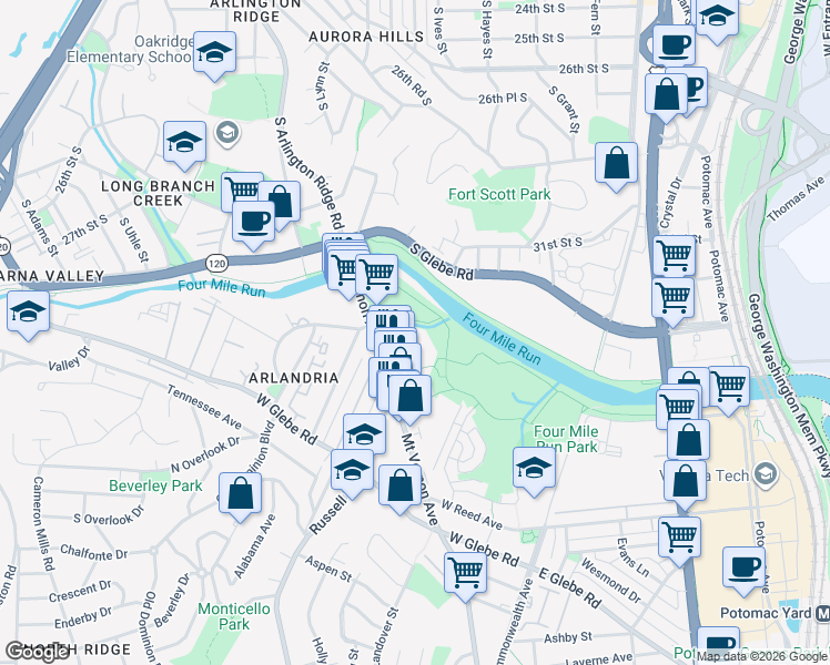 map of restaurants, bars, coffee shops, grocery stores, and more near 3917b Bruce Street in Alexandria