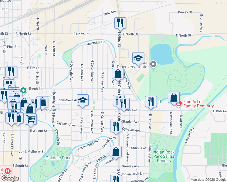 map of restaurants, bars, coffee shops, grocery stores, and more near 1030 East Ash Street in Salina