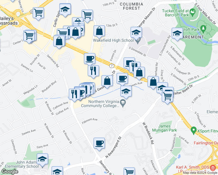 map of restaurants, bars, coffee shops, grocery stores, and more near 3709 South George Mason Drive in Falls Church