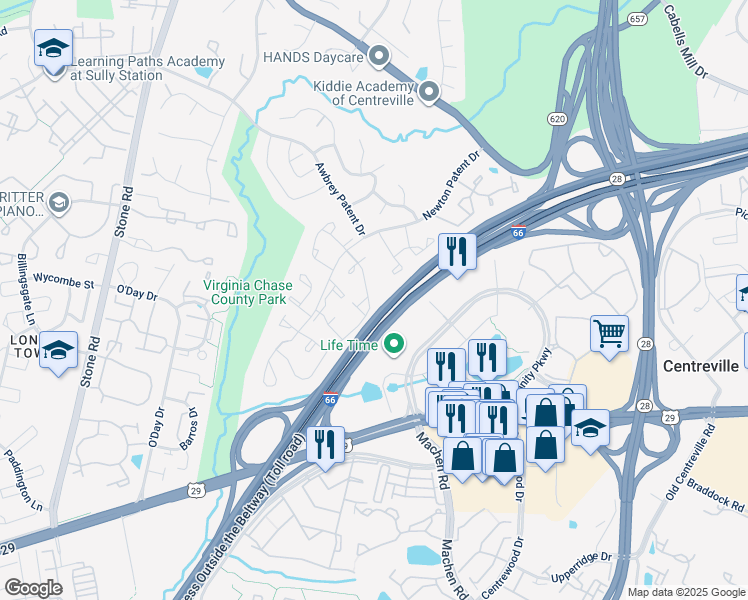 map of restaurants, bars, coffee shops, grocery stores, and more near 5981 Havener House Way in Centreville