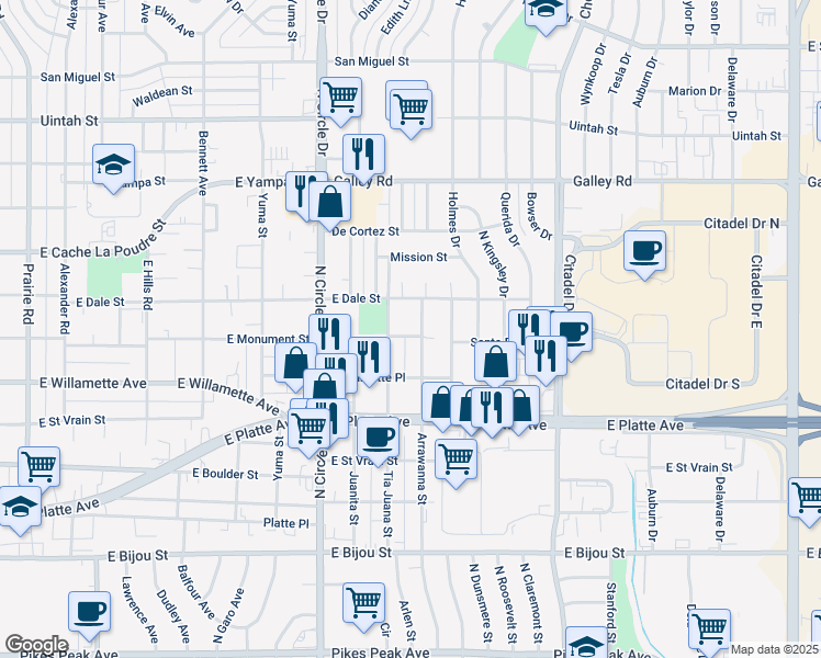 map of restaurants, bars, coffee shops, grocery stores, and more near 704 Arrawanna Street in Colorado Springs