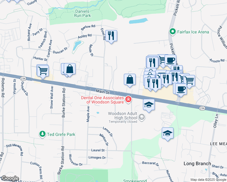 map of restaurants, bars, coffee shops, grocery stores, and more near 3991 Lyndhurst Drive in Fairfax