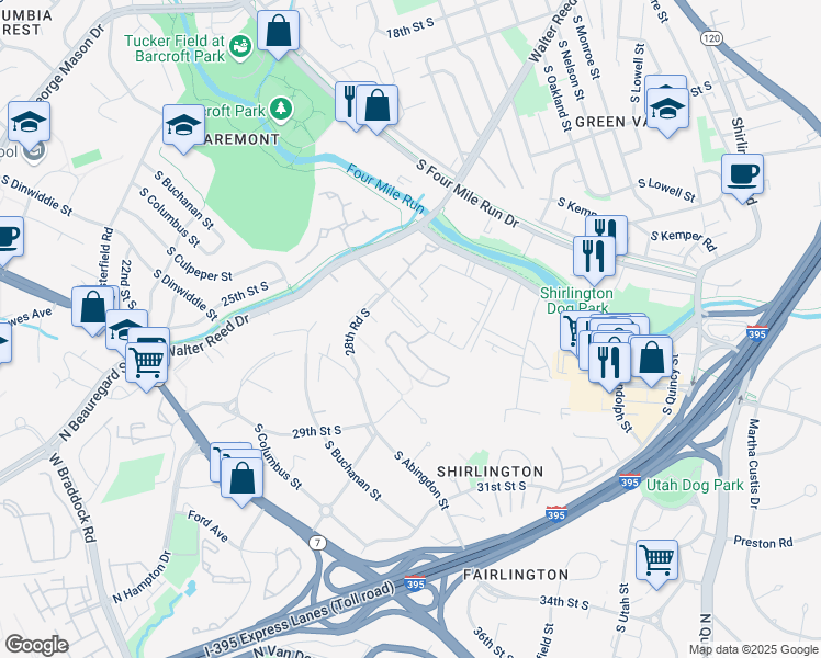 map of restaurants, bars, coffee shops, grocery stores, and more near 2846 South Wakefield Street in Arlington
