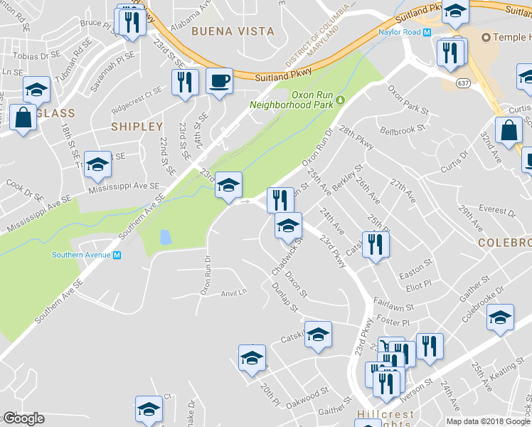 map of restaurants, bars, coffee shops, grocery stores, and more near 2248 Afton St in Temple Hills