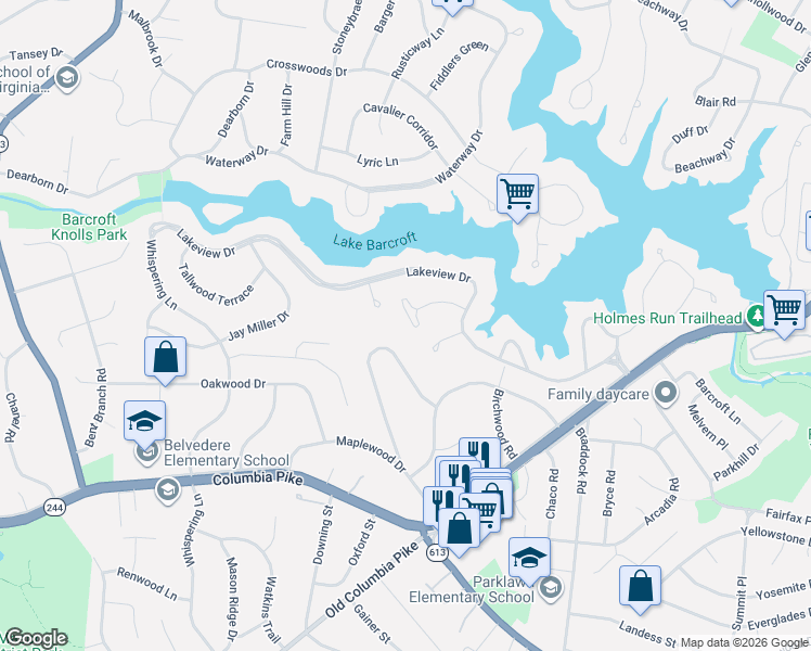map of restaurants, bars, coffee shops, grocery stores, and more near 6381 Dockser Terrace in Falls Church