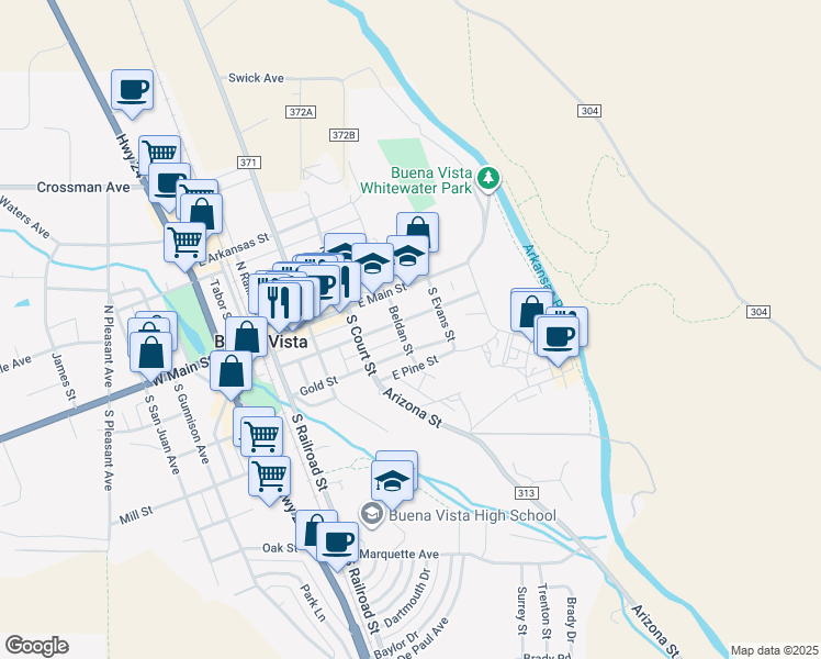 map of restaurants, bars, coffee shops, grocery stores, and more near 210 Beldan Street in Buena Vista