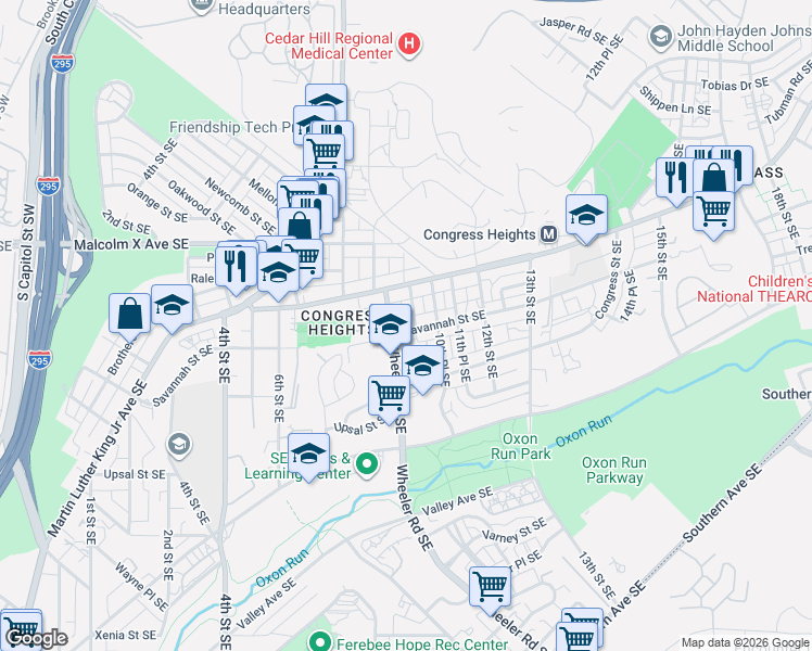 map of restaurants, bars, coffee shops, grocery stores, and more near 810 Savannah Street Southeast in Washington