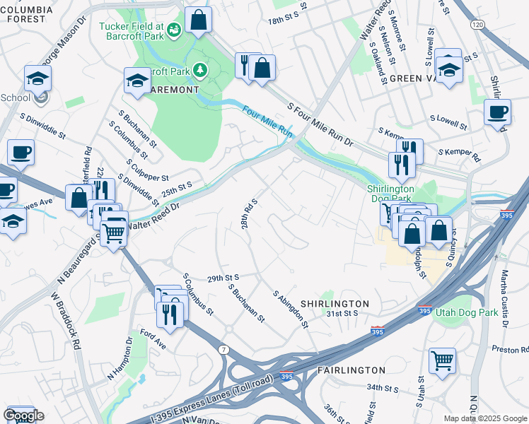 map of restaurants, bars, coffee shops, grocery stores, and more near 4634 28th Road South in Arlington