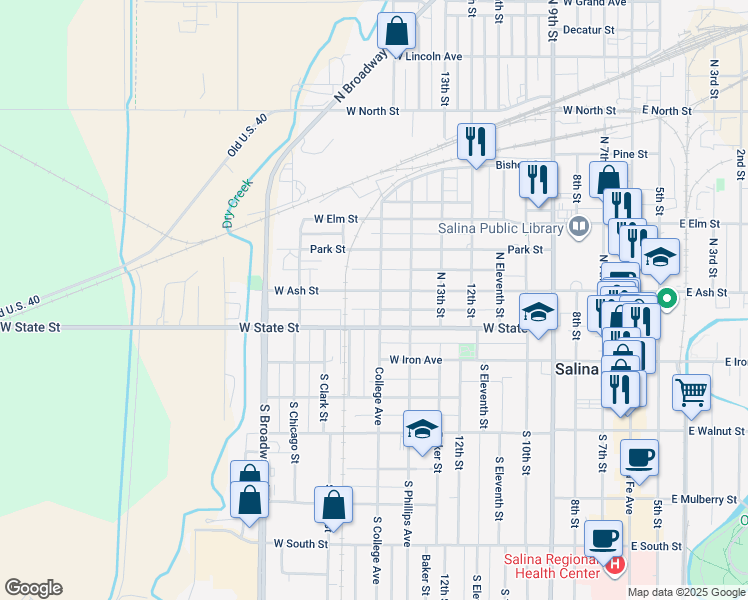 map of restaurants, bars, coffee shops, grocery stores, and more near 133 N College Ave in Salina