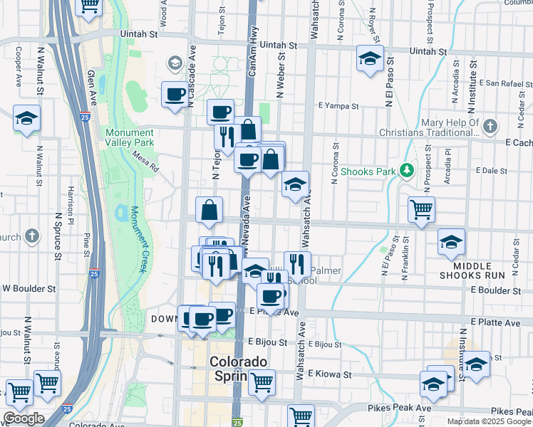 map of restaurants, bars, coffee shops, grocery stores, and more near 224 East Willamette Avenue in Colorado Springs