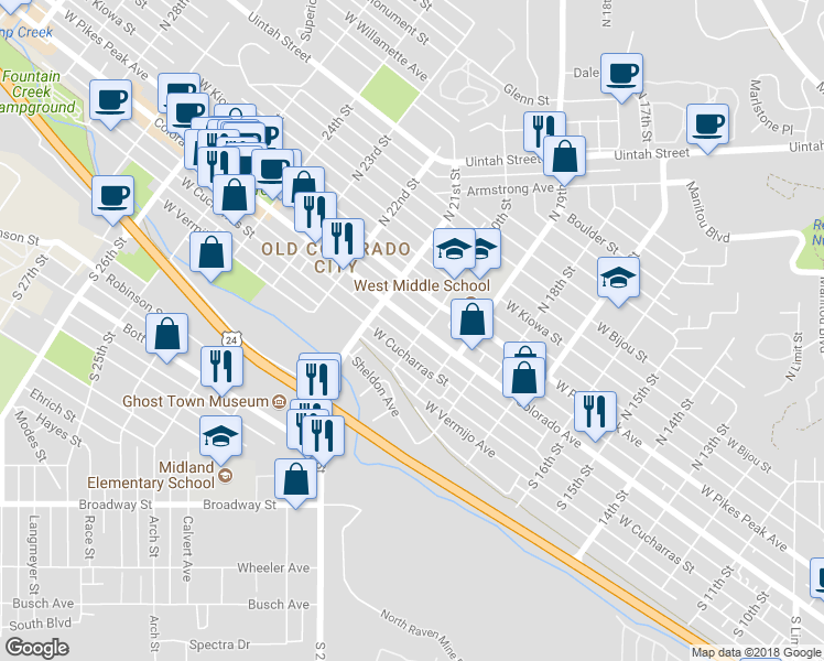 map of restaurants, bars, coffee shops, grocery stores, and more near 2006 West Cucharras Street in Colorado Springs