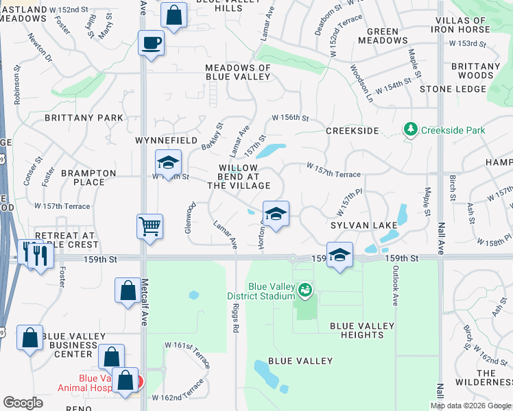 map of restaurants, bars, coffee shops, grocery stores, and more near 15778 Horton Street in Overland Park