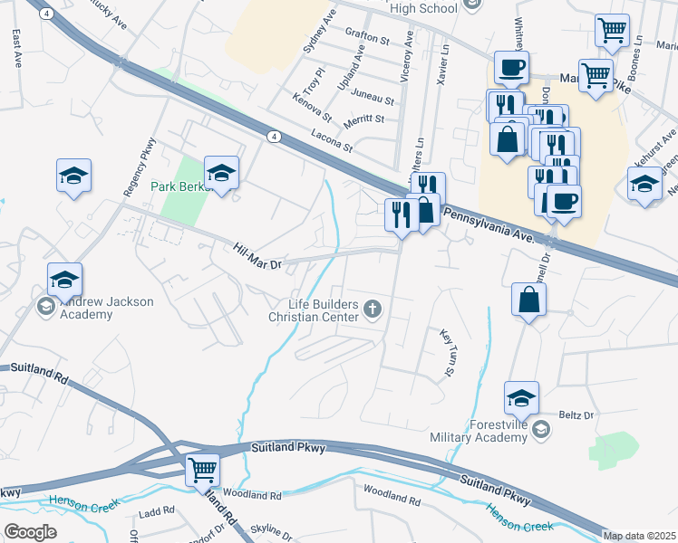 map of restaurants, bars, coffee shops, grocery stores, and more near 6501 Hil-Mar Drive in District Heights