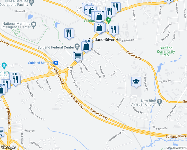 map of restaurants, bars, coffee shops, grocery stores, and more near 3418 Navy Day Drive in Hillcrest Heights
