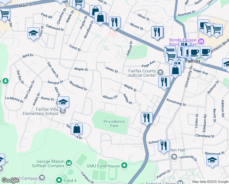 map of restaurants, bars, coffee shops, grocery stores, and more near 10703 Ashby Place in Fairfax