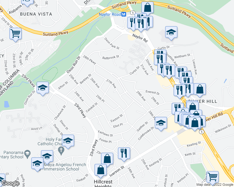 map of restaurants, bars, coffee shops, grocery stores, and more near 3417 27th Avenue in Temple Hills
