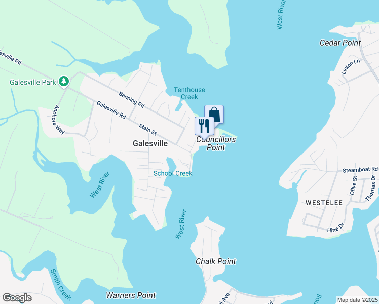 map of restaurants, bars, coffee shops, grocery stores, and more near Riverside Drive in Galesville