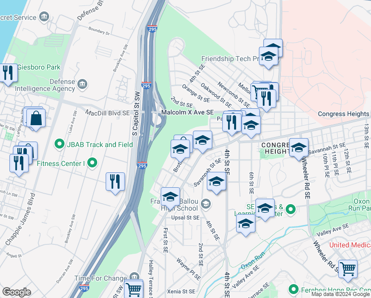 map of restaurants, bars, coffee shops, grocery stores, and more near 3359 Brothers Place Southeast in Washington