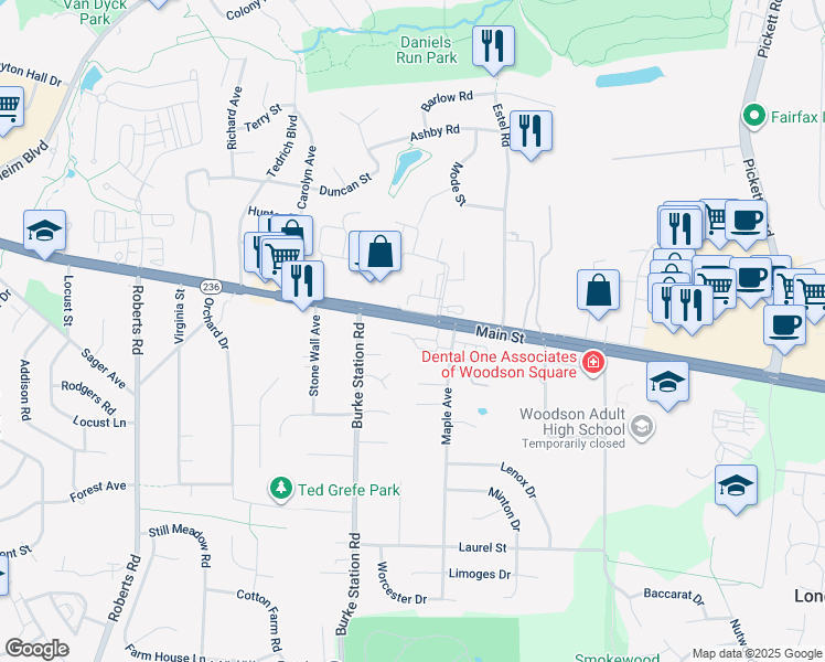 map of restaurants, bars, coffee shops, grocery stores, and more near 9818 Bolton Village Court in Fairfax