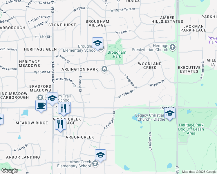 map of restaurants, bars, coffee shops, grocery stores, and more near 16132 West 157th Terrace in Olathe
