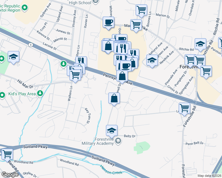 map of restaurants, bars, coffee shops, grocery stores, and more near 3733 Donnell Drive in Forestville