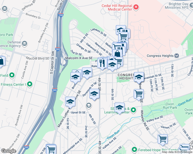 map of restaurants, bars, coffee shops, grocery stores, and more near 3214 Martin Luther King Junior Avenue Southeast in Washington