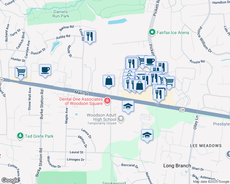 map of restaurants, bars, coffee shops, grocery stores, and more near 3991 Bradwater Street in Fairfax