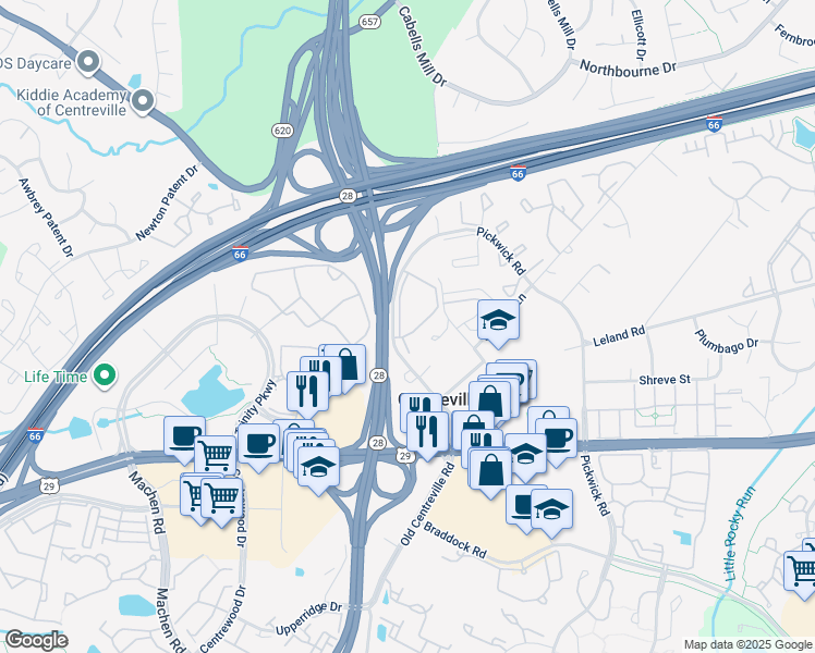 map of restaurants, bars, coffee shops, grocery stores, and more near 5624 Willoughby Newton Drive in Centreville
