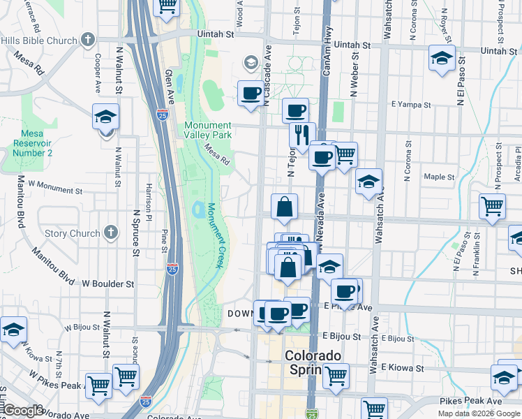 map of restaurants, bars, coffee shops, grocery stores, and more near 601 North Cascade Avenue in Colorado Springs